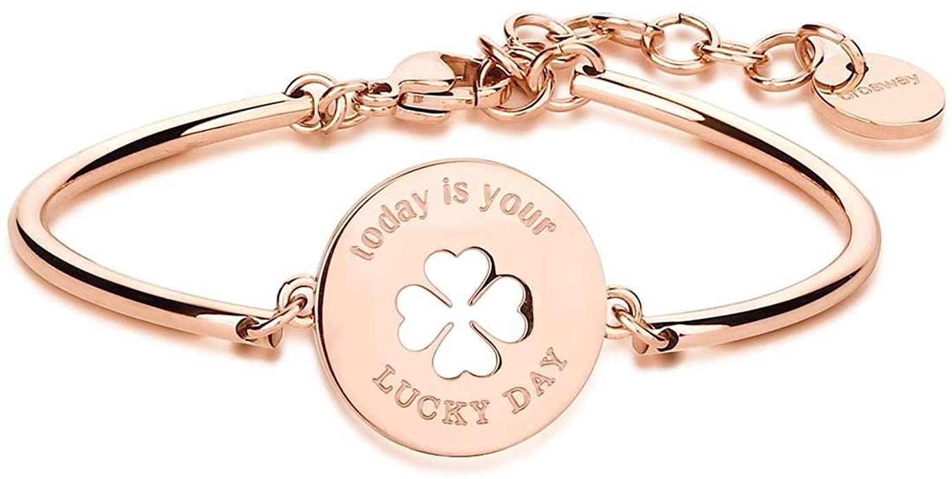 Bracelet rigide en acier doré pour femme avec QUADRIFOGLIO BROSWAY BHK49 central.