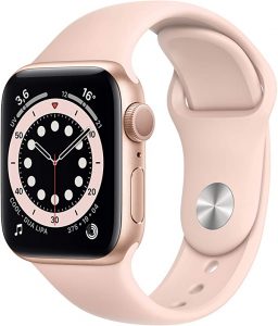 Apple Watch Series 6 (GPS, 40 mm) boîtier en aluminium couleur or avec bracelet sport rose sable. 