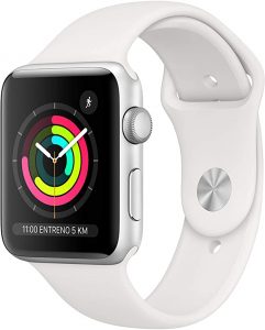 Apple Watch Series 3 (GPS, 42 mm) boîtier aluminium argent et bracelet sport blanc. 