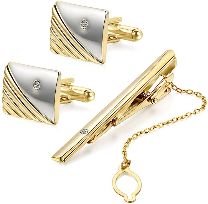 JewelryWe Set Alloy Tie Clip and Cufflinks Gold Color, Stripes Shirt Business Wedding Polished Mens 
