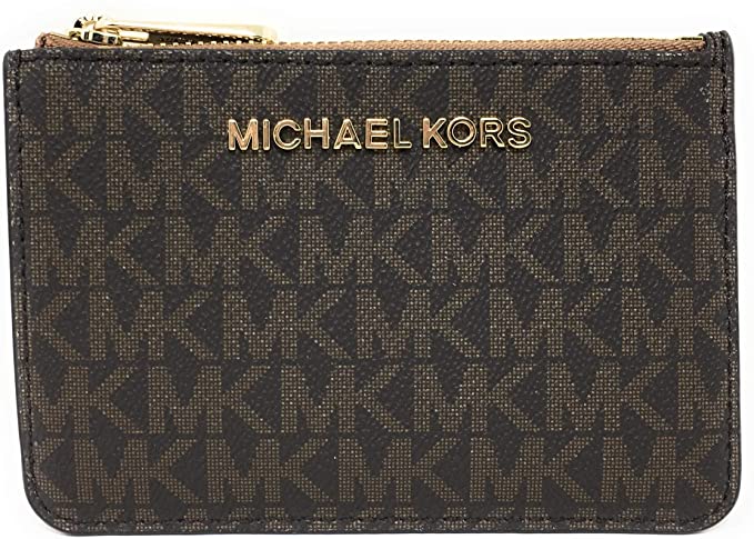 Michael Kors Jet Set Travel Small Top Zip Coin Pouch with ID Holder - PVC Coated Twill (Brown &amp ; Acorn) 